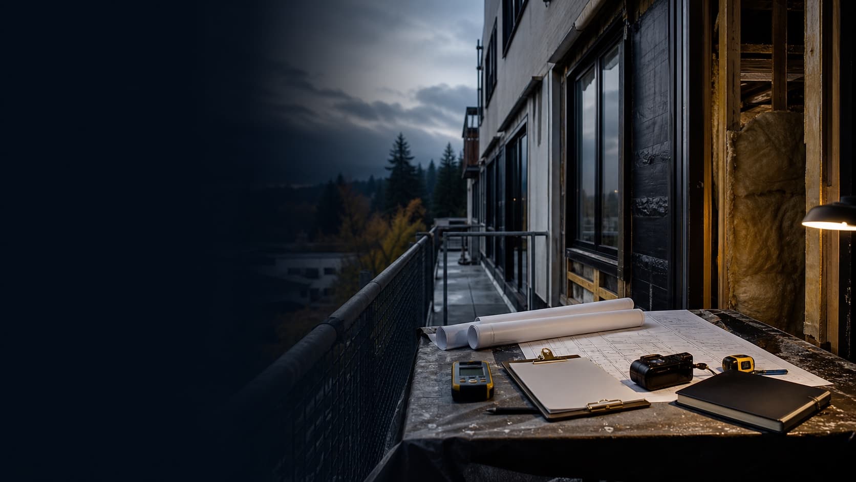 Construction plans and inspection tools at a building-envelope field review.