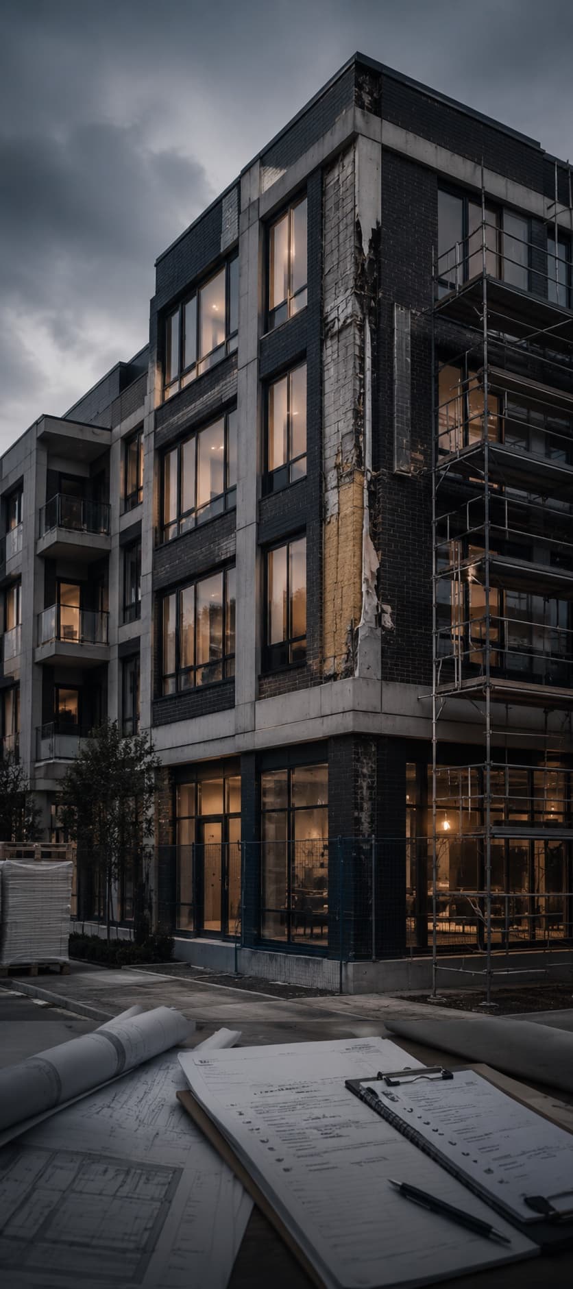 Commercial property under exterior repair with scaffolding and project documents.