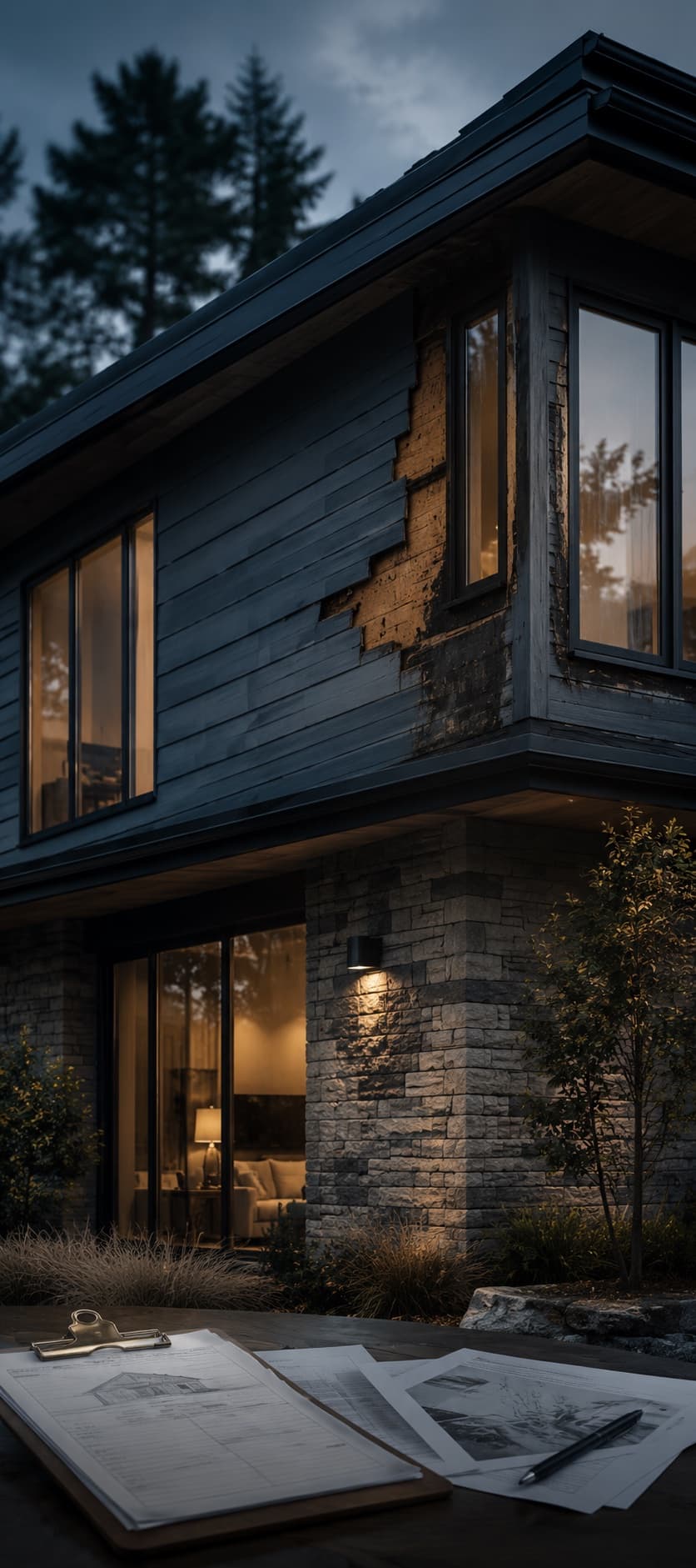 Modern home with exterior water-intrusion damage and repair documents.