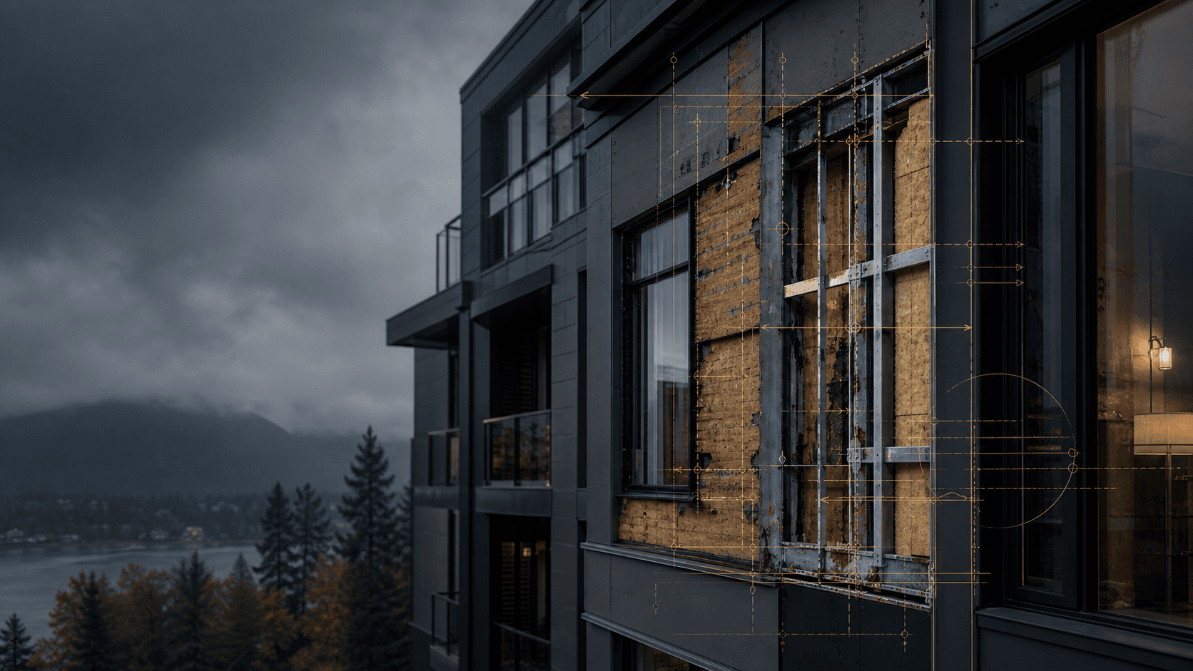 Modern building exterior opened for repair-scope inspection with subtle measurement overlays.