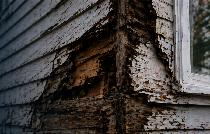 Exterior property damage with dark architectural detail